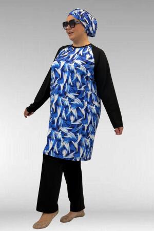 1742 Büyük Beden Uzunkol Tesettür Mayo Takım - Fırça Desen Saks - (1)