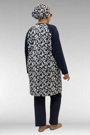 1742 Büyük Beden Uzunkol Tesettür Mayo Takım - Yaprak Desen Ekru - 3