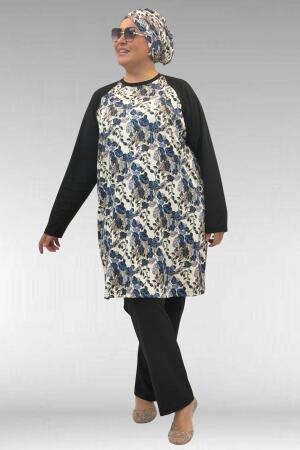 1742 Büyük Beden Uzunkol Tesettür Mayo Takım - Yaprak Desen Mavi - 