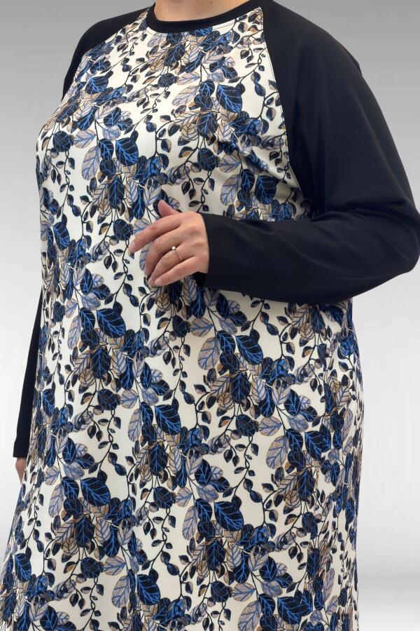 1742 Büyük Beden Uzunkol Tesettür Mayo Takım - Yaprak Desen Mavi - 2