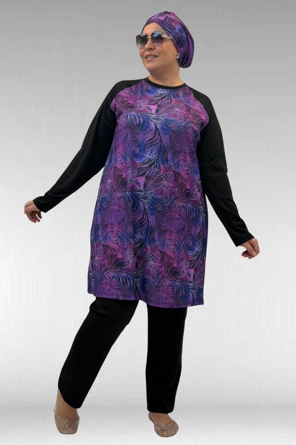 1742 Büyük Beden Uzunkol Tesettür Mayo Takım - Yaprak Desen Mor - 2