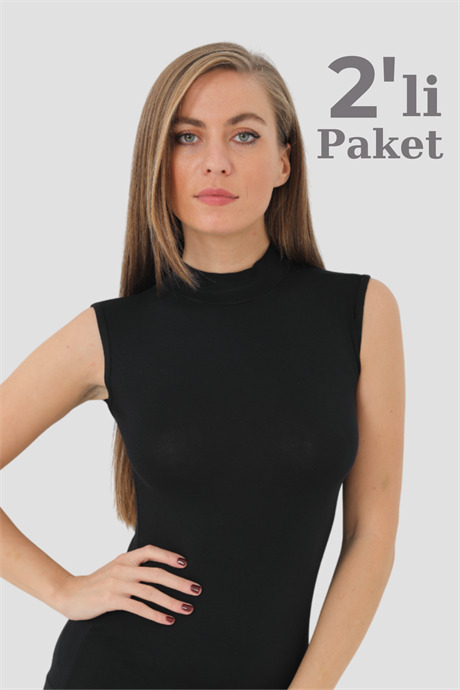 2 Adet Siyah Bambu Kadın Balıkçı Yaka Sıfır Kol Body Boğazlı Kolsuz Badi - 1