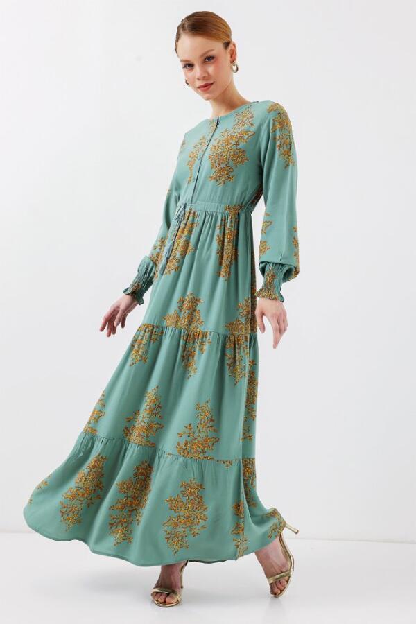 2145 Desenli Tesettür Elbise - Mint - 1