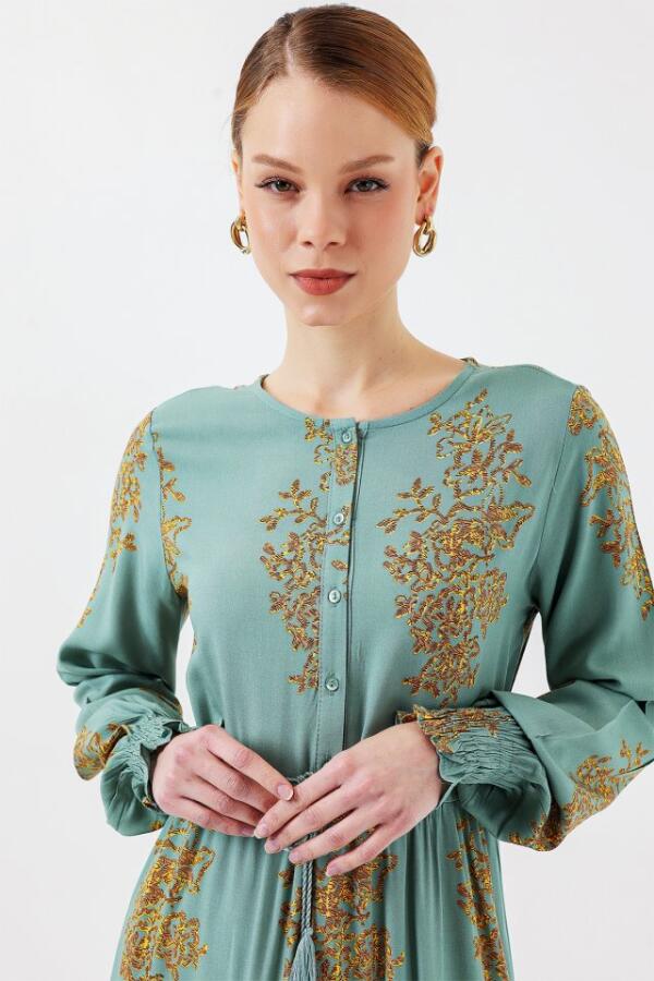 2145 Desenli Tesettür Elbise - Mint - 4