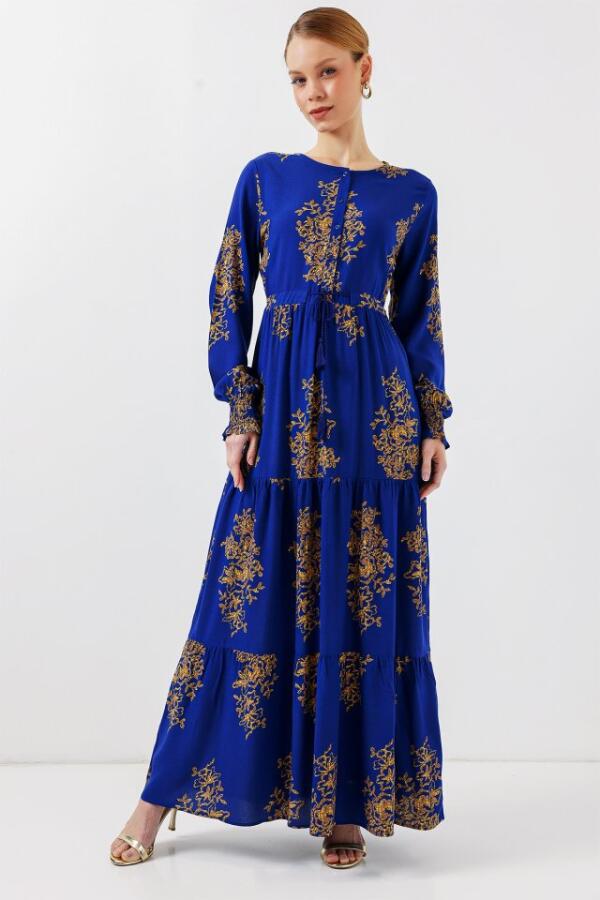 2145 Desenli Tesettür Elbise - Saks - 1