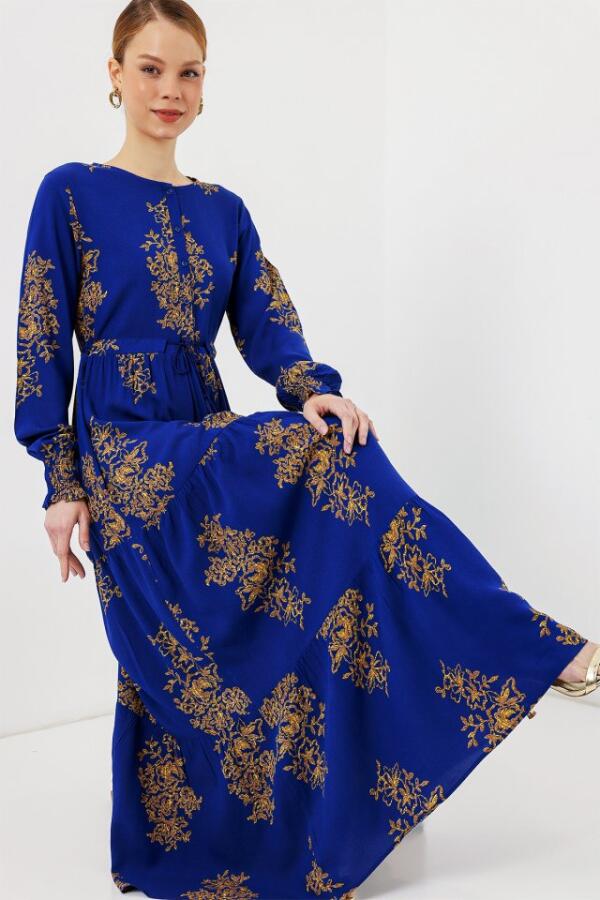 2145 Desenli Tesettür Elbise - Saks - 2
