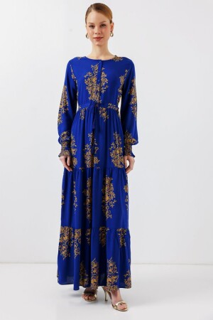 2145 Desenli Tesettür Elbise - Saks - 3