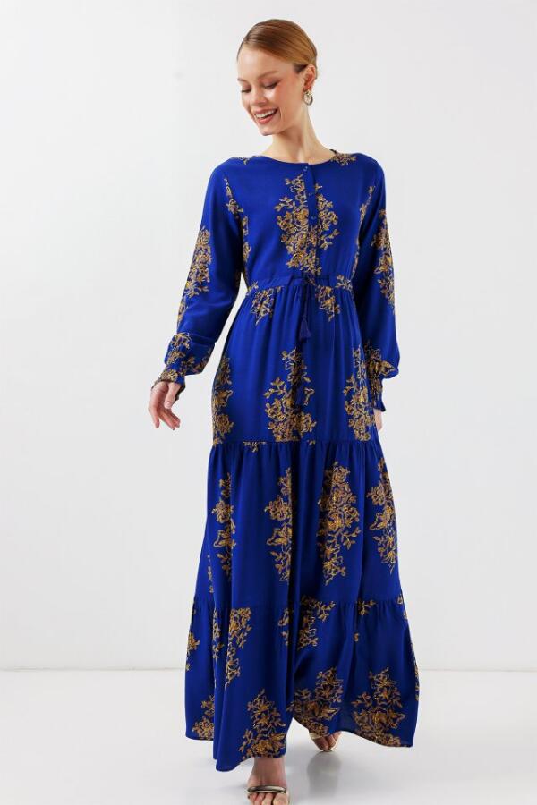 2145 Desenli Tesettür Elbise - Saks - 4