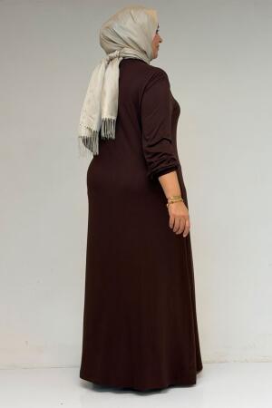 22008 Büyük Beden Kolu Lastikli Penye Elbise-Kahve - 3