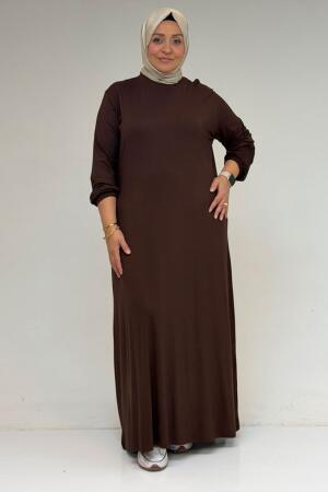 22008 Büyük Beden Kolu Lastikli Penye Elbise - Kahve - 