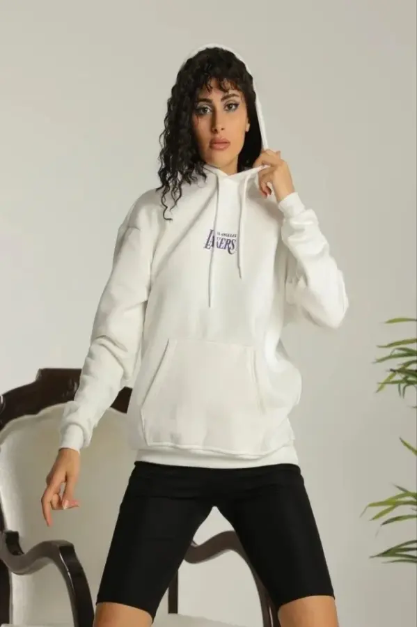 24 Sırt Baskılı Ovresize Üç İplik Kapüşonlu Sweatshirt - Beyaz - 1