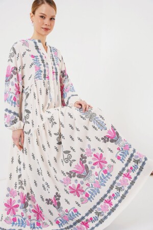 2423 Otantik Desenli Tesettür Elbise - C. Pembe - 2