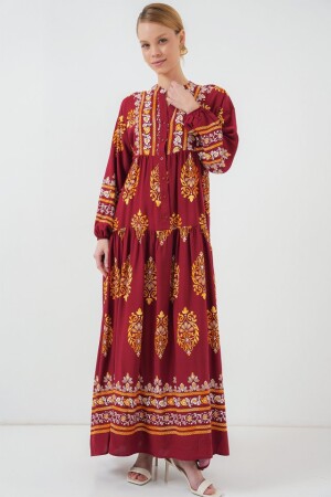 2423 Otantik Desenli Tesettür Elbise - E. Bordo - 4