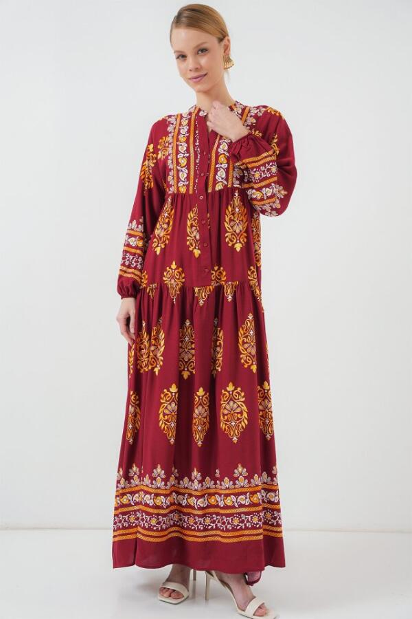 2423 Otantik Desenli Tesettür Elbise - E. Bordo - 4