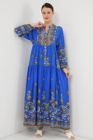 2423 Otantik Desenli Tesettür Elbise - Saks 1 - 3