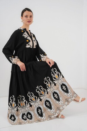 2423 Otantik Desenli Tesettür Elbise - Siyah 6 - 1