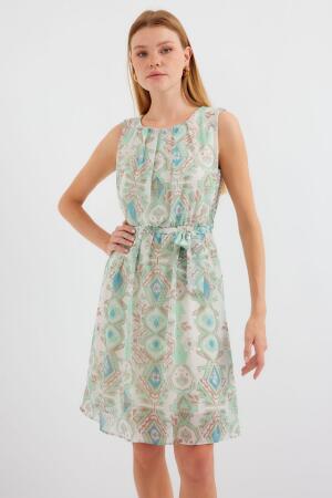 2501 Desenli Sıfır Kol Şifon Elbise - Mint - 2