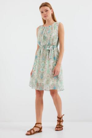 2501 Desenli Sıfır Kol Şifon Elbise - Mint - 4
