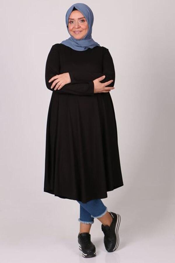 28016 Büyük Beden Mevlana Penye Tunik - Siyah - 1