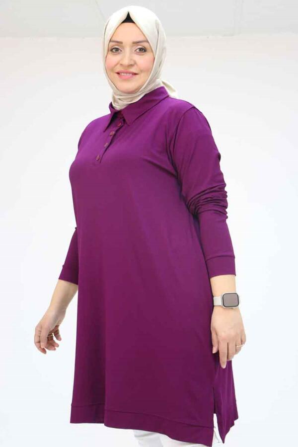 28077 Büyük Beden Polo Yaka Yarım Patlı Penye Tunik - Mürdüm - 2