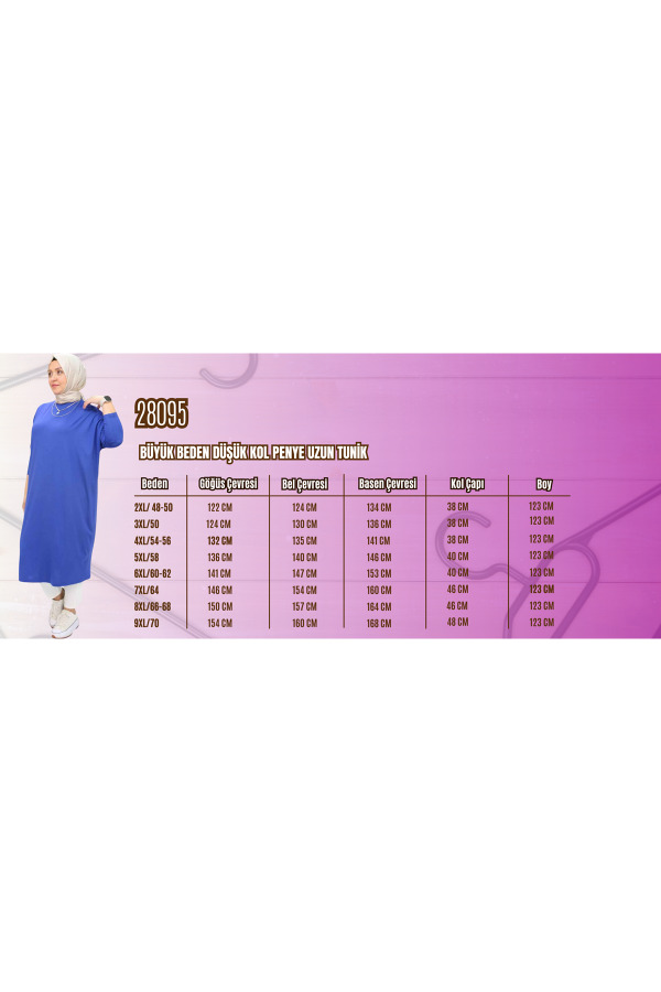 28095 Büyük Beden Düşük Kol Penye Uzun Tunik - İndigo - 2