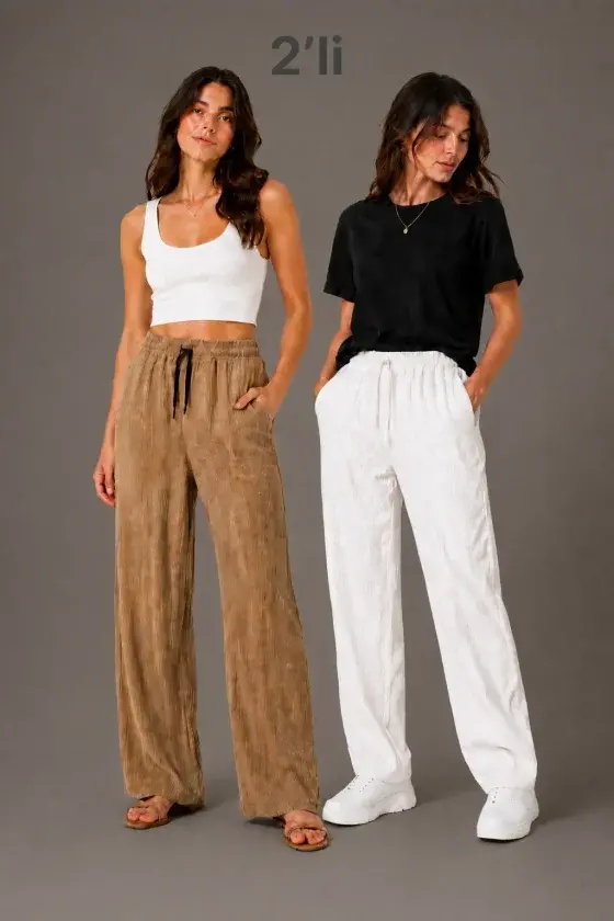 2li Bürümcük Kumaş Beli Lastikli Bağcıklı Bol Paça Pantolon - Beyaz/Vizon - 1