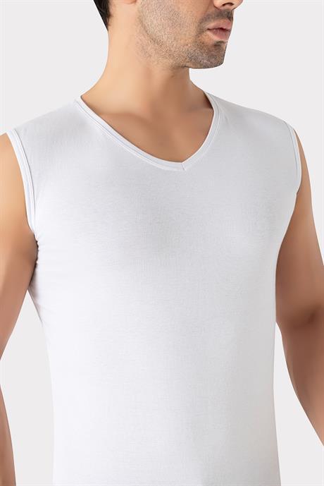 2'li Paket Erkek Beyaz V Yaka Kolsuz Tişört Atlet Pamuklu Likralı Esnek ve Yumuşak Kumaş - 2