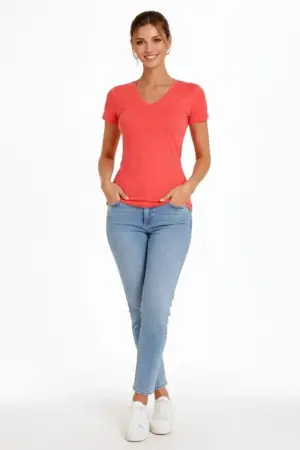 2li V Yaka Tişört – Kısa Kollu Yazlık Slim Fit Body - Nar Çiçeği - Açık Mavi - 4