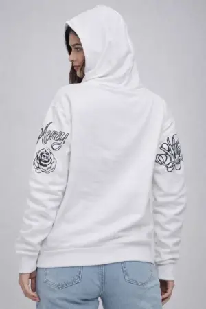 3 İplik Pamuklu Kapüşonlu Baskılı SweatShirt Hoodie - Beyaz - 2