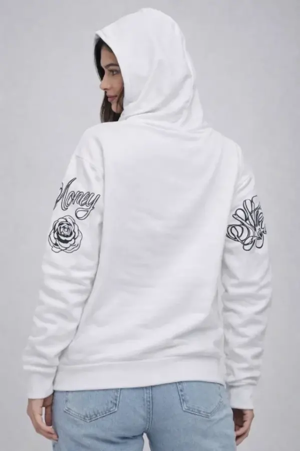 3 İplik Pamuklu Kapüşonlu Baskılı SweatShirt Hoodie - Beyaz - 2