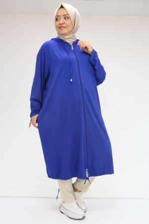 33008 Büyük Beden Fermuarlı Penye Kap - İndigo - 