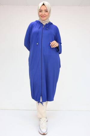 33008 Büyük Beden Fermuarlı Penye Kap - İndigo - (1)