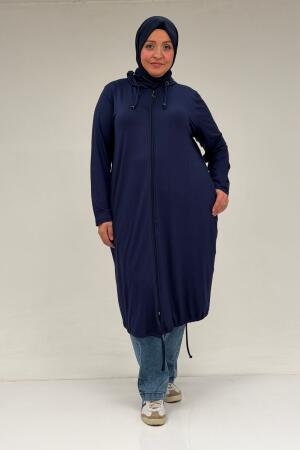 33008 Büyük Beden Fermuarlı Penye Kap - Lacivert - 