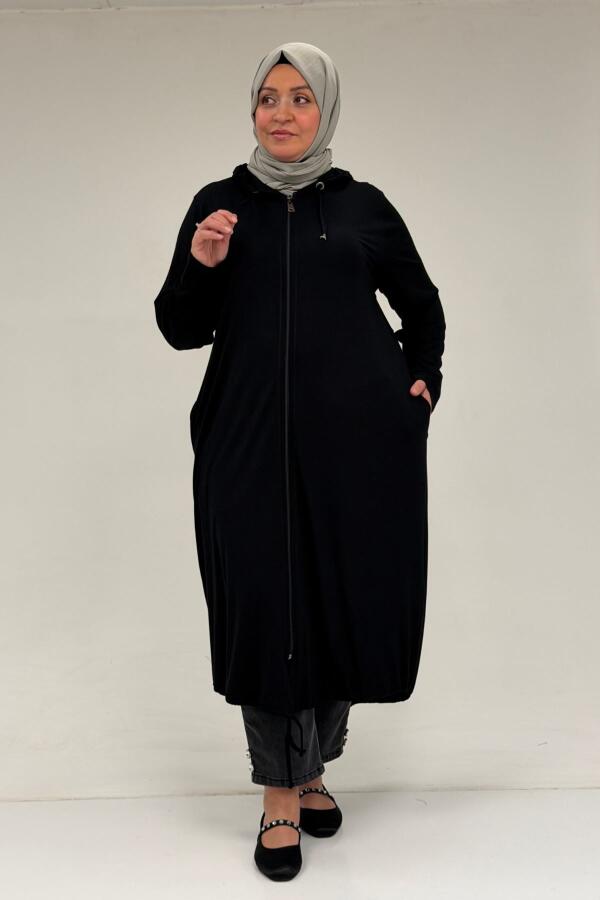 33008 Büyük Beden Fermuarlı Penye Kap - Siyah - 1