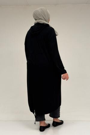 33008 Büyük Beden Fermuarlı Penye Kap - Siyah - 3