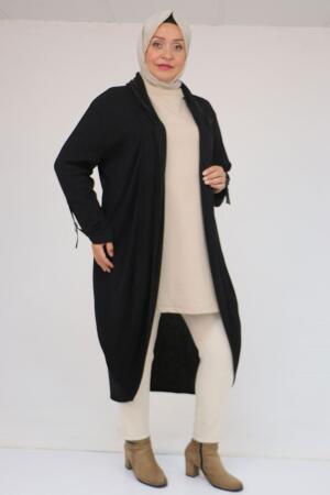 33056 Büyük Beden Petek Triko Waterport Detaylı Ceket -Siyah - 1