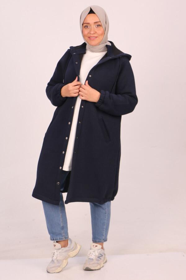 33095 Büyük Beden Çıtçıtlı Altı Lastikli Üç İplik Kap - Lacivert - 1