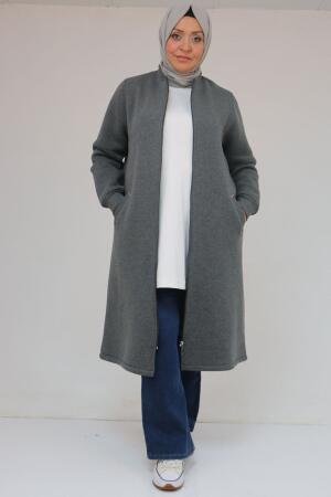 33096 Büyük Beden Fermuarlı Üç İplik Kap - Antrasit - 