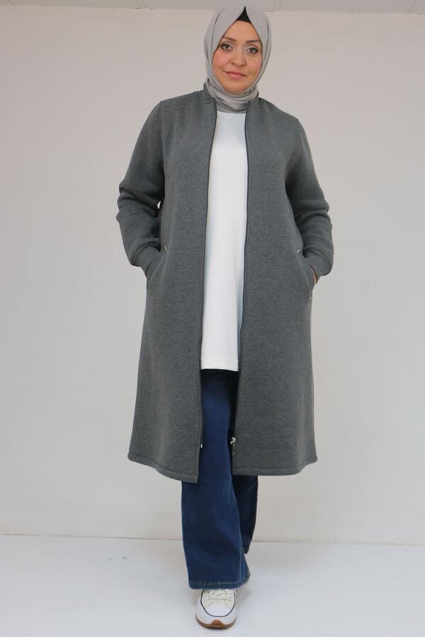 33096 Büyük Beden Fermuarlı Üç İplik Kap - Antrasit - 1