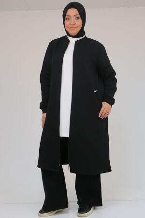 33096 Büyük Beden Fermuarlı Üç İplik Kap - Siyah - 