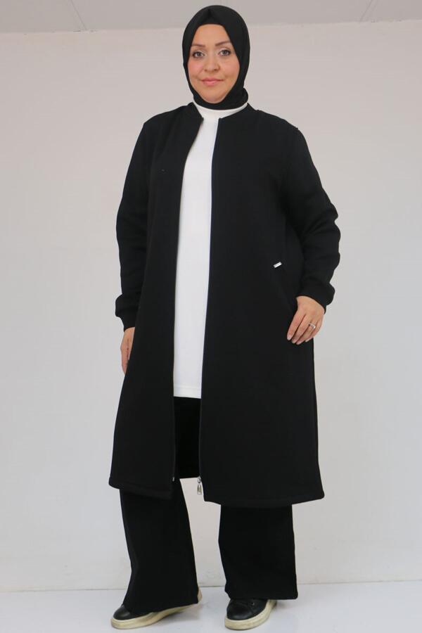 33096 Büyük Beden Fermuarlı Üç İplik Kap - Siyah - 1