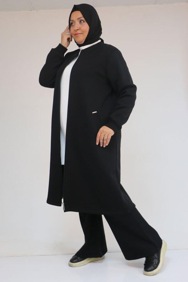 33096 Büyük Beden Fermuarlı Üç İplik Kap - Siyah - 2