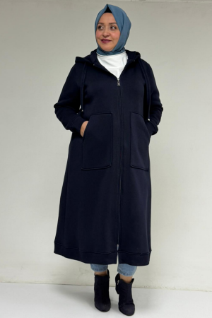 33103 Büyük Beden Fermuarlı Üç İplik Kap - Lacivert - 