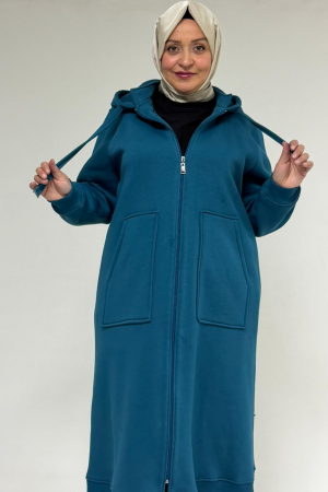 33103 Büyük Beden Fermuarlı Üç İplik Kap - Petrol - 