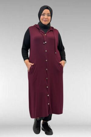 34001 Büyük Beden Çıtçıtlı Kapüşonlu Penye Yelek - Bordo - 1