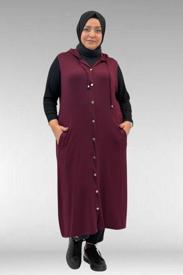 34001 Büyük Beden Çıtçıtlı Kapüşonlu Penye Yelek - Bordo - 1