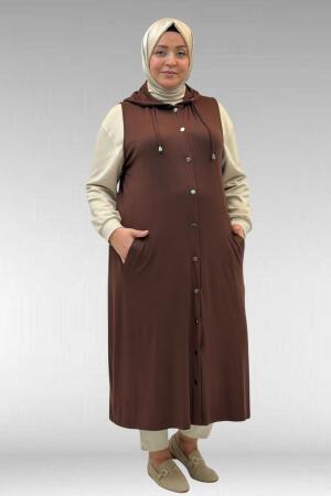 34001 Büyük Beden Çıtçıtlı Kapüşonlu Penye Yelek - Kahverengi - 