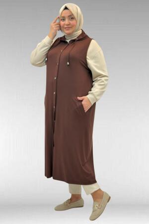 34001 Büyük Beden Çıtçıtlı Kapüşonlu Penye Yelek - Kahverengi - 3