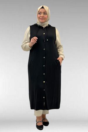 34001 Büyük Beden Çıtçıtlı Kapüşonlu Penye Yelek - Siyah - 