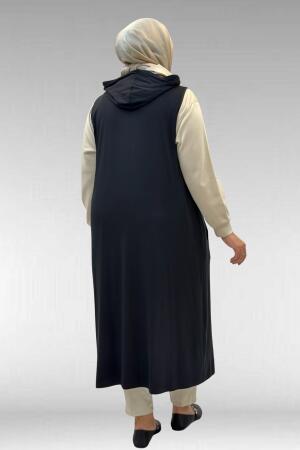 34001 Büyük Beden Çıtçıtlı Kapüşonlu Penye Yelek - Siyah - 3